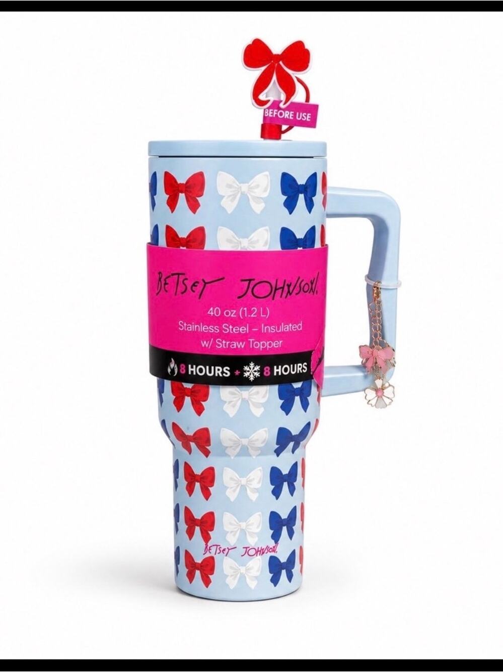 NEW Betsey Johnson Light Blue Tumbler with Red, White & Blue Bows 40OZ Stainless